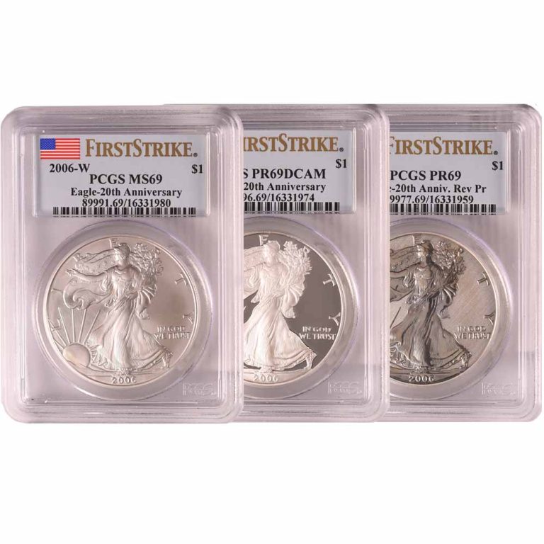 2006 1 Oz American Silver Eagle 20th Anniversary 3 Coin Set Pcgs Pf Ms69